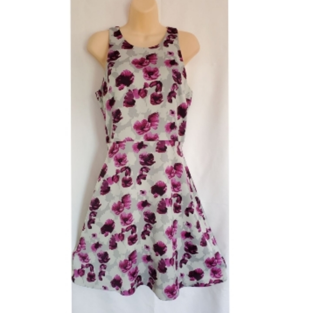 Banana Republic Gray Purple Flower Sleeveless Lined Dress Back Zipper Size 7